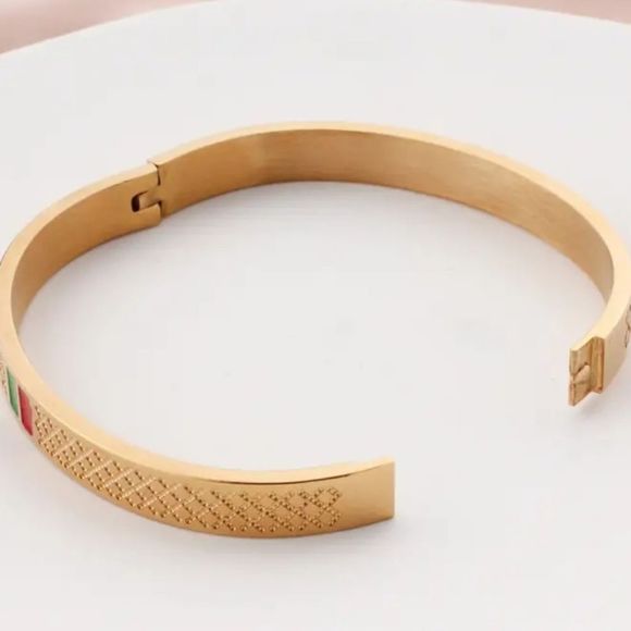 Silvertone Stainless Unisex Bangle Bracelet 8" Red & Green Enamel inlay NWT - Picture 4 of 5